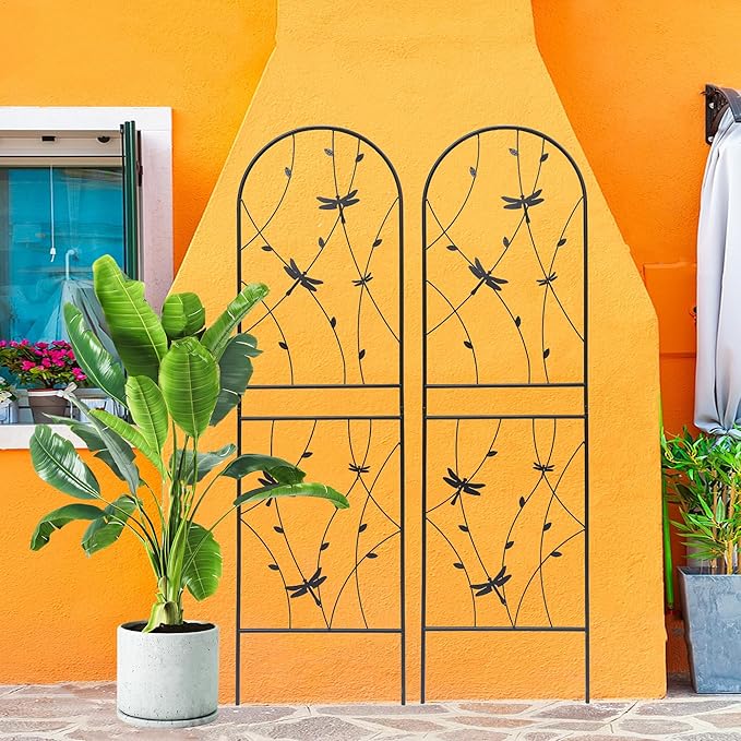 4 Pack Metal Garden Trellis 86.7" Tall Outdoor Climbing Plant Support for Roses, Flowers, Rustproof Durable Black Galvanized Tube, Lawn Garden Fence Decor Screen (4, Black dragonflies-86.7" H)