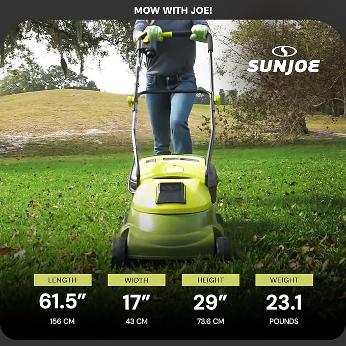 Sun Joe Cordless Lawn Mower, 14" Electric Walk Behind Grass Cutter with 3 Position Height Adjustment and Detachable Catcher, Green, MJ401C-PRO
