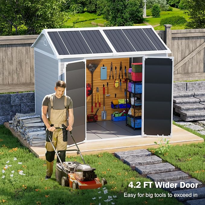 8x6 FT Resin Storage Sheds with Floor Waterproof Outdoor Shed Kit, Outside Plastic Sheds with 2 Windows for Backyard Garden Patio Lawn Tools