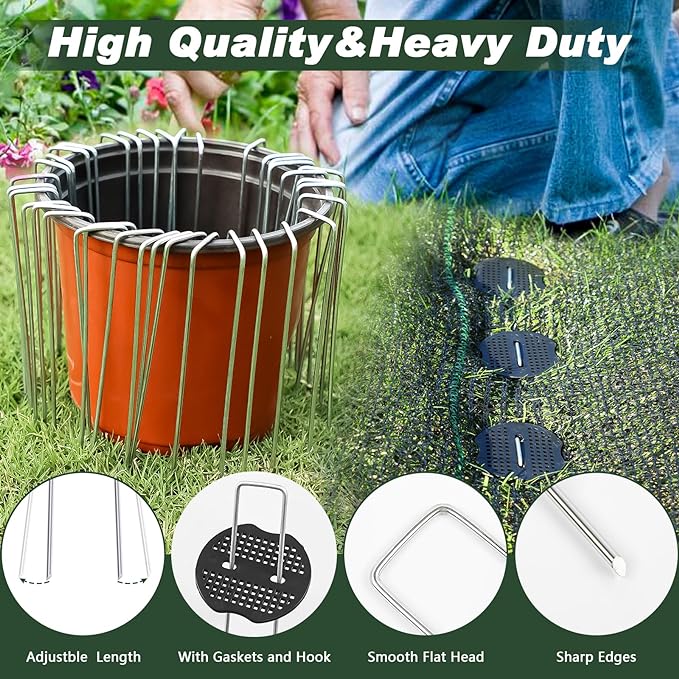 FEED GARDEN 6 Inch 50 Pcs Galvanized Landscape Staples 50 Pcs Gaskets Pick Hook Garden Stakes 11 Gauge Anti-Rust Landscaping Fabric SOD Pins U Shaped Yard Turf Stakes for Weed Barrier Fabric