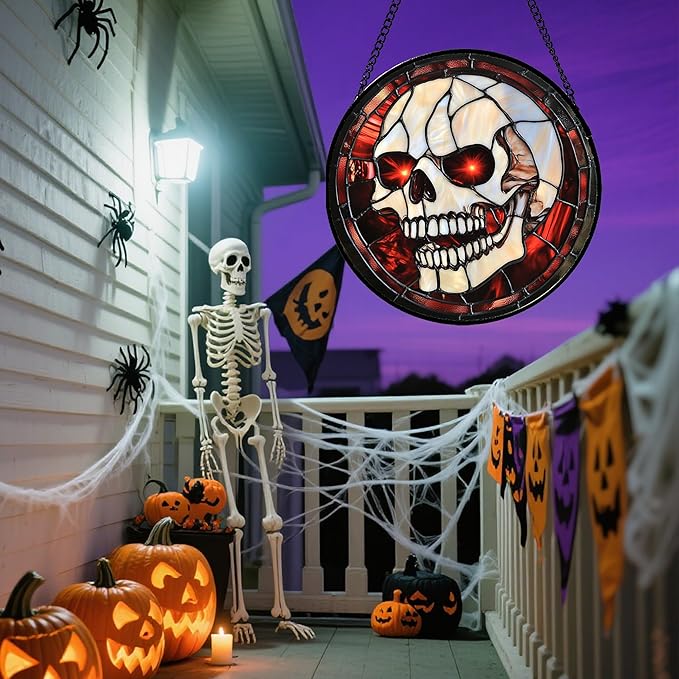 Stained Glass Window Hanging - Halloween Decorations White Skeleton Suncatcher for Doors Garden Indoor Spooky Funny Red Sun Catchers Gothic Decor Horror Gifts for Women Men Friend 9.8 in