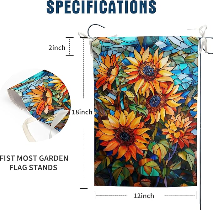 Fall Sunflower Garden Flag 12x18 Double Sided Small Autumn Flags for Outside Thanksgiving Outdoor Flag Stained Glass Floral Yard Flags Fall Porch Lawn Flags Decorative