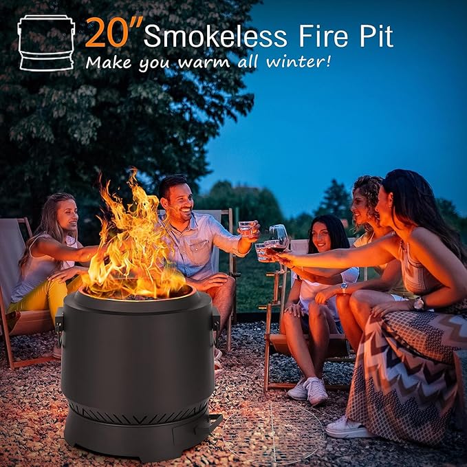 BOINN 20-Inch Outdoor Smokeless Wood Burning Fire Pit: Low-Smoke Bonfire Experience with Grill, Fire Poker & Large Capacity for Backyard, Patio, Picnics & BBQs Update