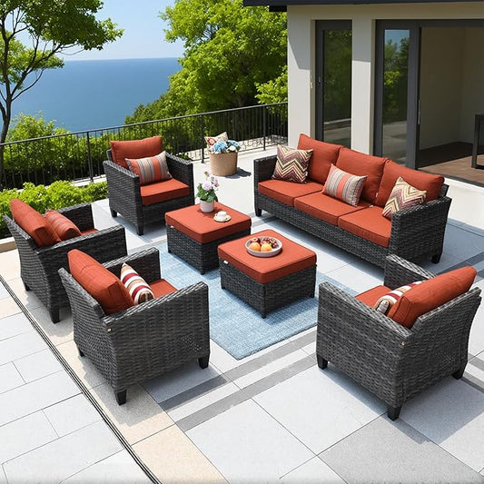 ovios Patio Furniture Set, 7 Pieces Outdoor Wicker Sofa Couch with 4 Chairs, Ottomans and Comfy Cushions, All Weather High Back Rattan Conversation Set, Orange Red