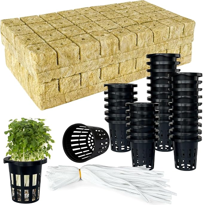 72 Pcs 1.2-Inch Rockwool Cubes with Net Cups and Self-Watering Cord for Hydroponics Great Hydroponic Kit for Cuttings Clone Plant Propagation Seed Starting Soilless Cultivation