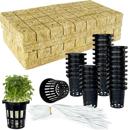 72 Pcs 1.2-Inch Rockwool Cubes with Net Cups and Self-Watering Cord for Hydroponics Great Hydroponic Kit for Cuttings Clone Plant Propagation Seed Starting Soilless Cultivation