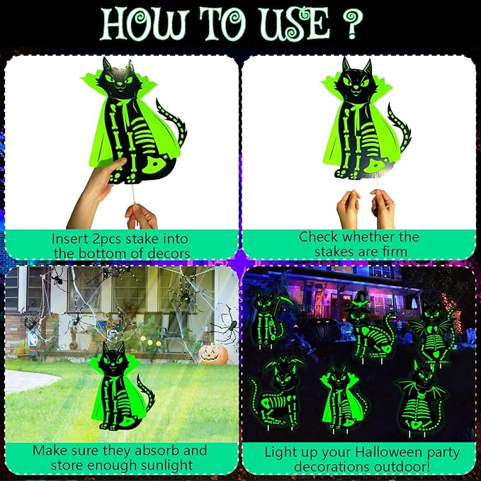Outdoor Halloween Cat Decor, 6Pcs 16.5”×12.6” Glow in the Dark Black Cat Yard Stake, Waterproof Scary Porch Graveyard Decoration with Light-Up Effect, Suitable for Garden, Party and Home Decor