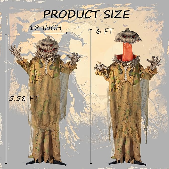 Hourleey 6FT Animatronics Halloween Decorations Outdoor, Animated Pumpkin Ghost with Pop Up Head and Sound Activation for Indoor Party Haunted House Prop Yard Lawn Decor