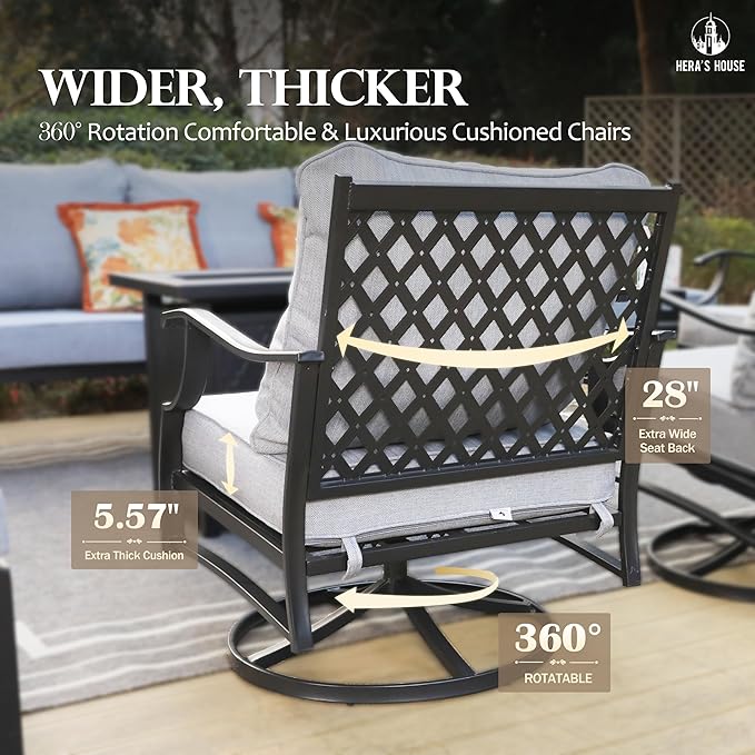 HERA'S HOUSE 7 Piece Patio Furniture Set, 2 x Swivel Chair, 2 x Fixed Chair, 2 x Ottoman, 1 x 3-Seat Sofa, All Cushioned Outdoor Conversation Set for Lawn Garden Backyard, Grey