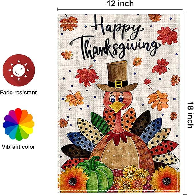 Fall Garden Flag 12 x 18 Inch Double Thanksgiving Sided Cute Turkey Maple Leaves Sunflower Designs Autumn Burlap Yard Flag for Outside Rustic Yard Outdoor Holiday Home Decoration