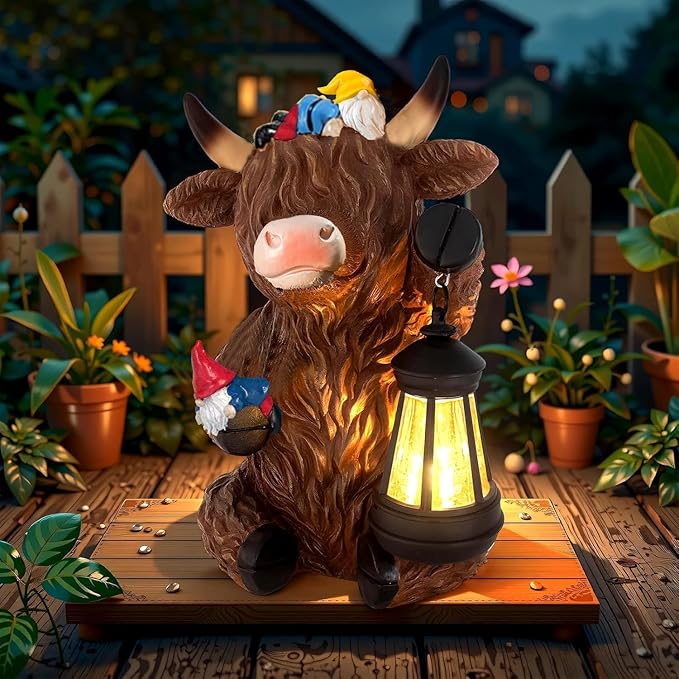 Solar Highland Cow Gnome Garden Decor Statue with Solars Lights, Funny Garden Statues Highland Cows Gifts for Women Mom Gnome Figurine for Yard Patio Lawn Home Ornaments