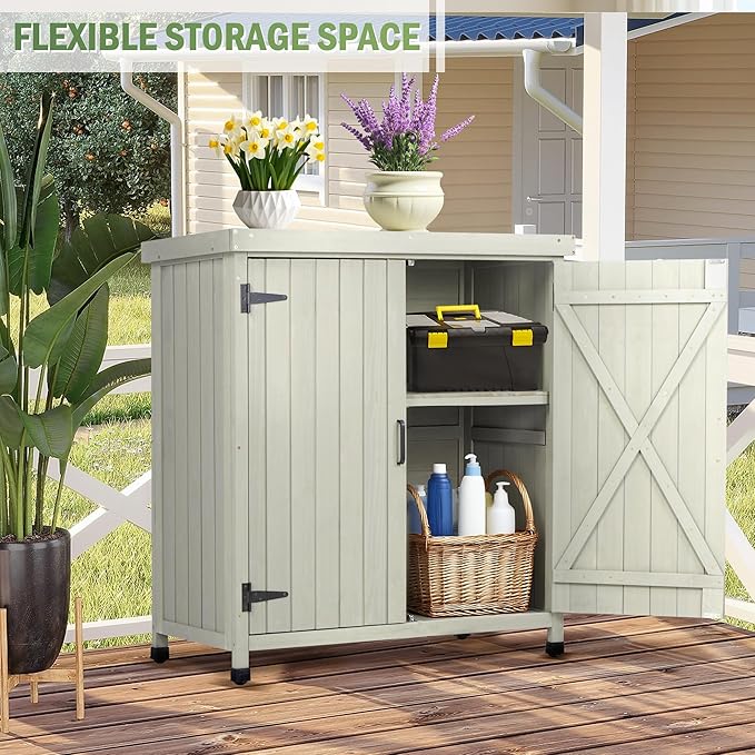 Outdoor Potting Bench with Storage, Small Outdoor Cabinet & Deck Storage Cabinet with Metal Tabletop & Large Garden Storage