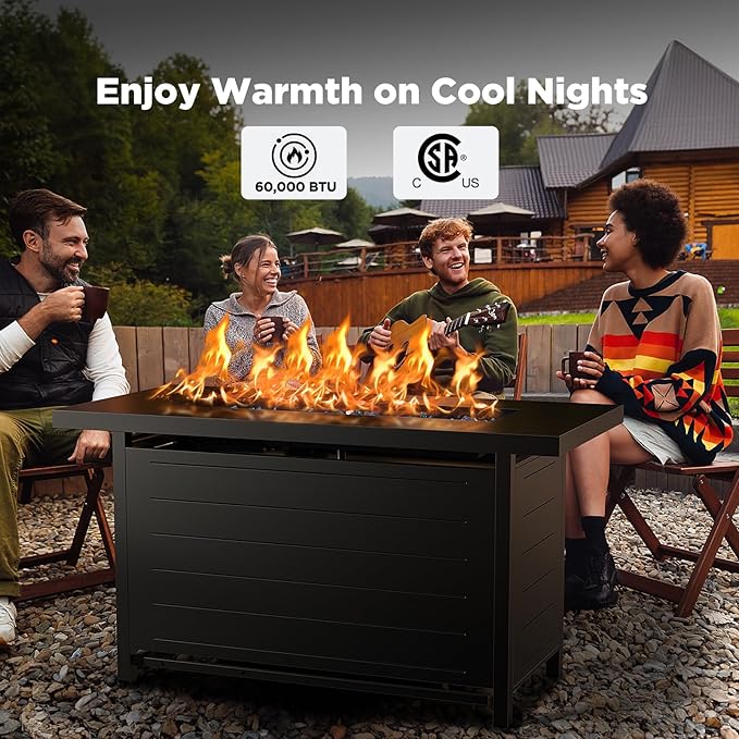 Ciays 43″ Propane Fire Pit Table with Glass Beads & Lid, CSA-Certified Gas Fire Pit with Cup Holders, Hanging Shelf & Nylon Cover, Outdoor Fire Pit for Patio/Deck, 60,000 BTU Heat Output, CIFPT9B