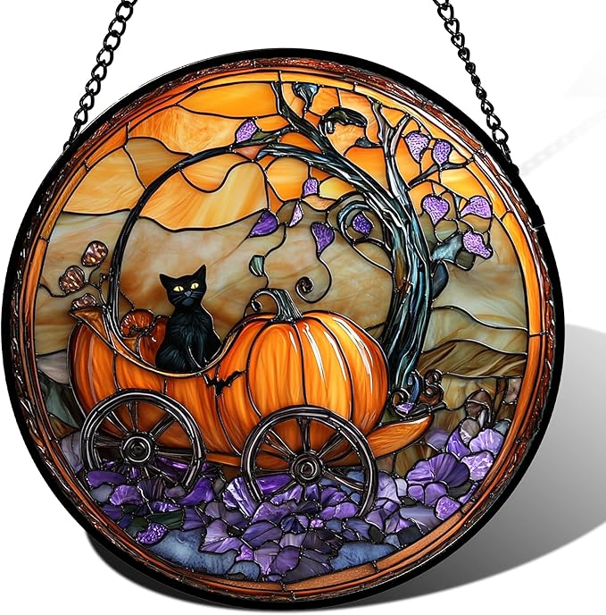 Stained Glass Window Hanging - Halloween Pumpkin Carriage Black Cat Suncatcher for Doors Window Garden Spooky Sun Catchers Gothic Decor Horror Gifts for Women Men Friend Boy Girl 6.3 in