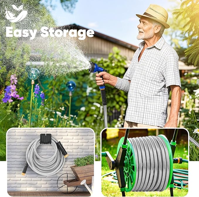 Garden Hose 75 ft, Stainless Steel Metal Water Hose with Adjustable 10-Mode Spray Nozzle, Lightweight Hose, No Kink, Leak-proof, Puncture Resistant for Yard, Outhood, RV
