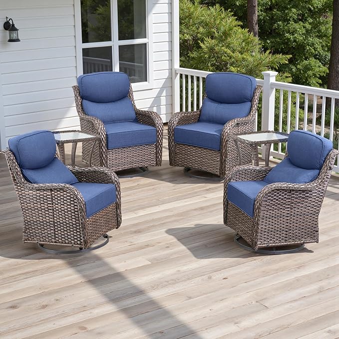 6 Piece Outdoor Patio Swivel Rocker Chairs, Waterproof Wicker, High Back, Deep Seating, Wide Armrest, Upgraded 6 inch Thick Cushions, Side Table, Ideal for Deck Porch Yard, Brown/Blue