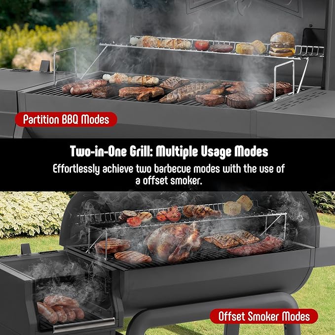 BBQ Charcoal Grill with Offset Smoker Grill and Side Table, 30-In Heavy-Duty Outdoor BBQ Grill with 832 Sq. In. Cooking Space for Outdoor Barbecue in Backyard, Patio and Parties, Black