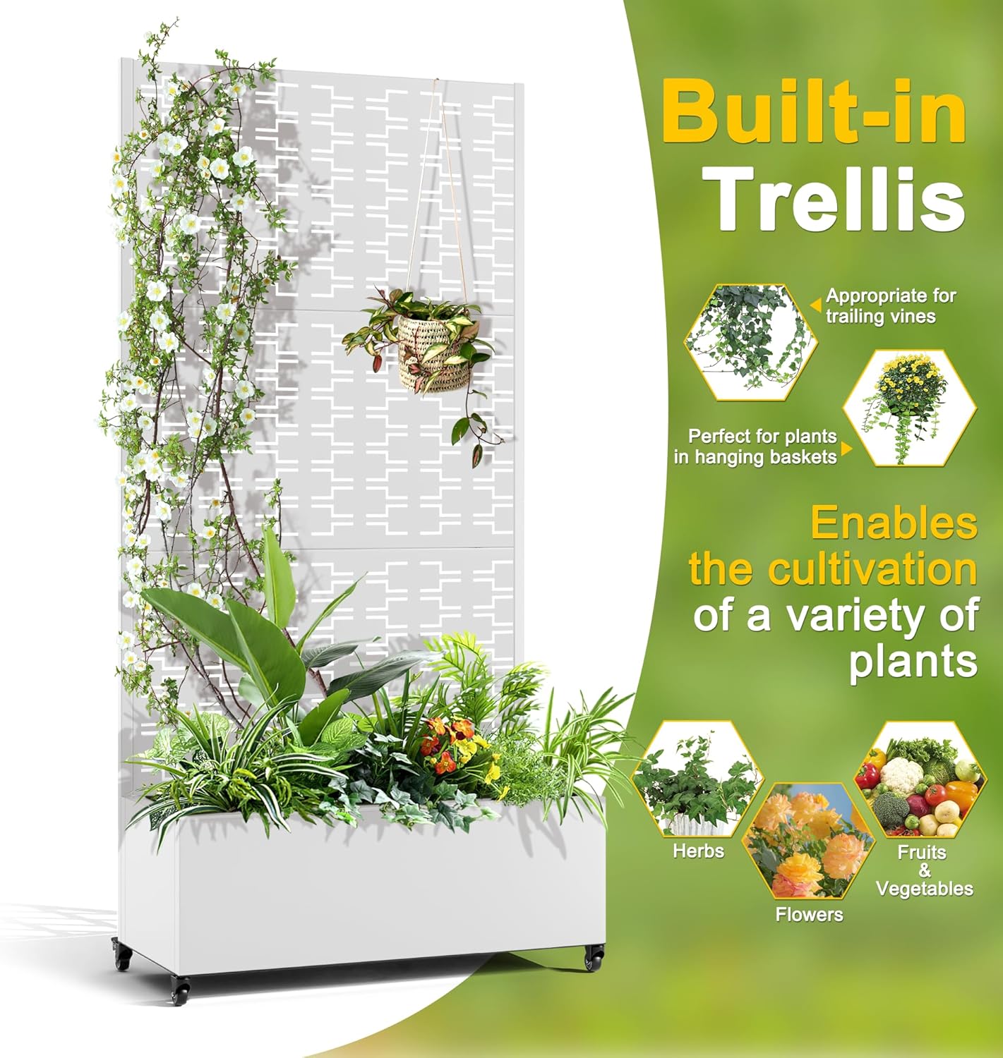 FENCY Metal Raised Garden Bed with Wheels and Trellis,73"x35"x16" Planter Box for Climbing Plants, Vegetables & Vines, Features Privacy Screen and Drainage Holes (White-Brick)