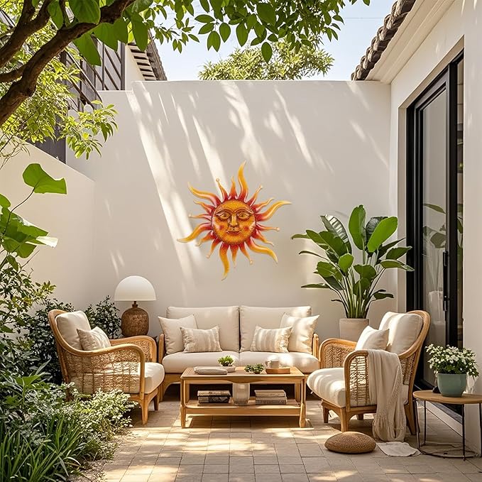 VZVXCC Sun Metal Wall Art Outdoor Decor-Rustic Retro 3D Sun Face Metal Wall Sculpture Large Outdoor Wall Art Hanging Decoration Garden, Patio, Farmhouse Mothers Day Gifts