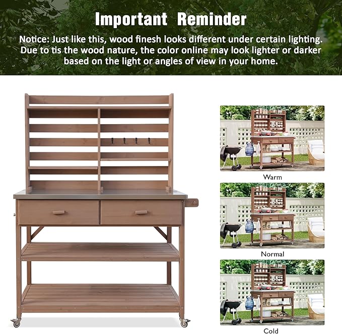 Polibi 64.9" H Outdoor Potting Bench Table with Lockable Wheels,Solid Fir Wood Outdoor Kitchen Island with Upper Hutch,Stainless Steel Top,Towel Rack,Outdoor Storage for Grilling,Lawn Garden(Brown)