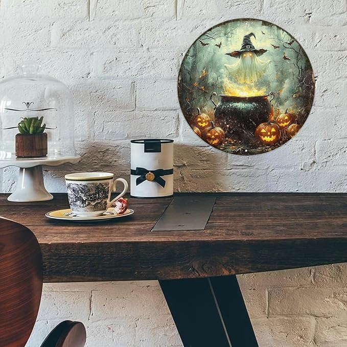 PEACHGARDEN Round Halloween Spooky Ghost With Witch Hat Wreath Vintage Sign Halloween Pumpkin Metal Tin Sign for Home Bar Kitchen Hotel Dining Room Coffee 12x12inch