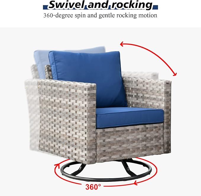 HOOOWOOO 10 Piece Modular Patio Outdoor Sectional Furniture Set with Gas Propane Fire Pit Table,Wicker Conversation Sofa Set with Swivel Chairs,Outside Couch Set(Navy Blue)