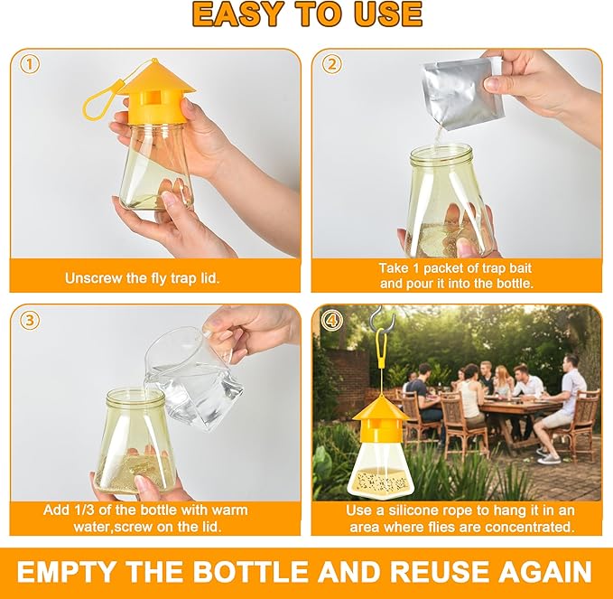 Reusable Fly Traps Outdoor Hanging with Natural Fly Bait Trap Refill, Reusable Fly Trap Fly Killer Outdoor Fly Catchers