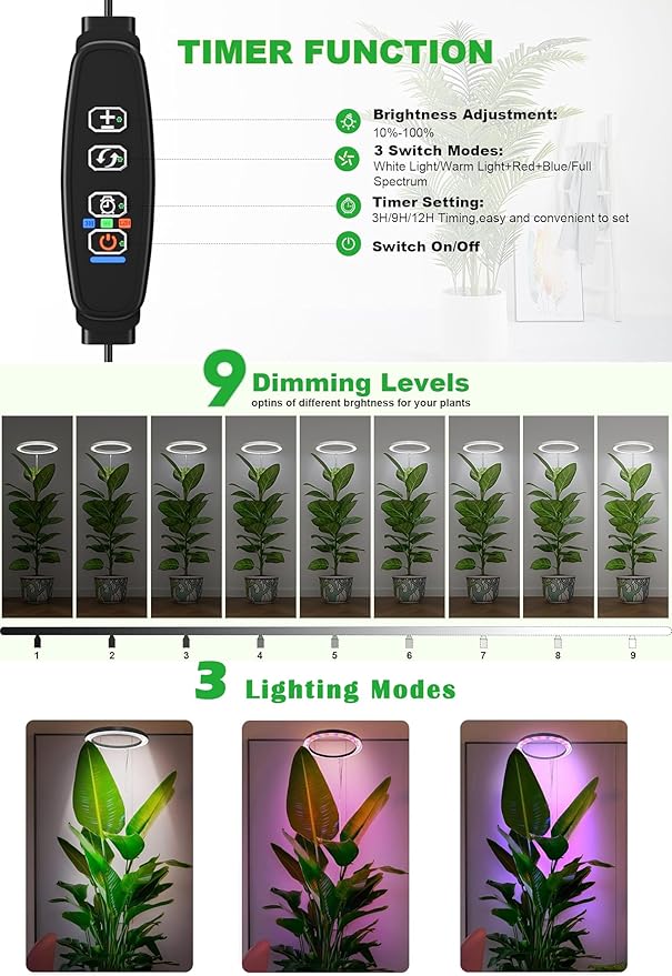 10" Grow Lights for Indoor Plants Full Spectrum,160LEDs Indoor Plant Light for Indoor Growing,Height Adjustable 11"-65" for Large Plant,Auto On/Off Timer 3/9/12H,9 Dimmable Brightness,Black Wood Grain