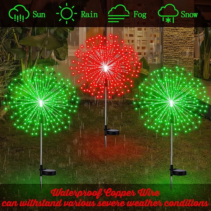 4 Pack Halloween Solar Lights Christmas Solar Firework Lights Outdoor 180 LEDs 8 Modes Waterproof Stake LED Sparkler Decoration Landscape Garden Pathway Patio Walkway Yard Lawn Decor(Red Green)
