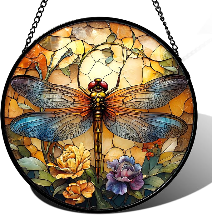 Stained Glass Window Hanging - Orange Blue Dragonfly Flower Suncatcher for Doors Window Home Sun Catchers Decor Christmas Mother's Day Birthday Outdoor Gifts for Women Men Mom Nana 14.9 in