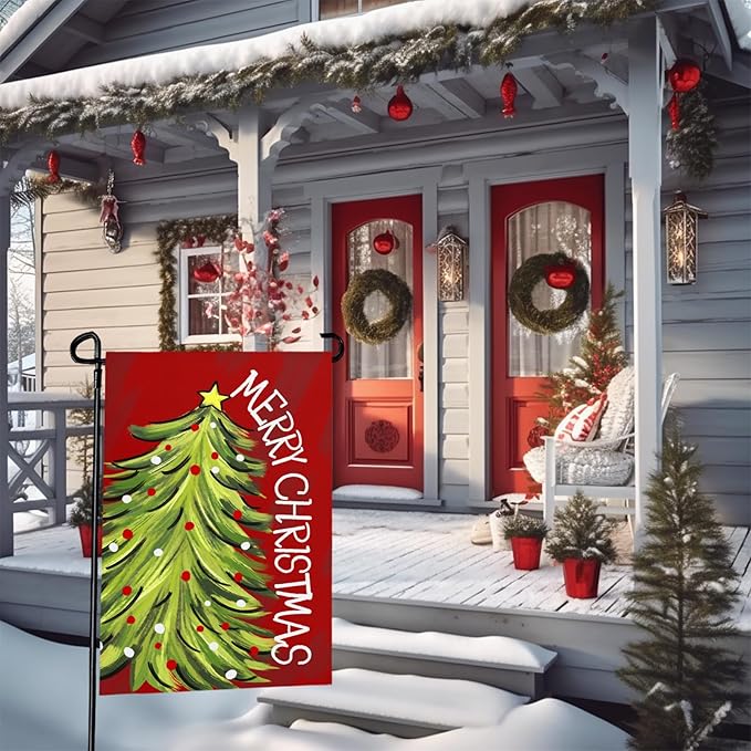 Merry Christma Garden Flag Xmas Tree Yard Flag Winter Red Green Trees Double Sided Vertical House Banner for Rustic Farmhouse Seasonal Outdoor Decoration 12x18 Inch