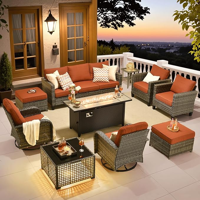 ovios 10 Pieces Patio Furniture Set, Outdoor Wicker Sofa Couch with Rocking Swivel Chairs Solar Lights Table Fire Pit, Modern Deep Seat Rattan Conversation Sets, Orange Red
