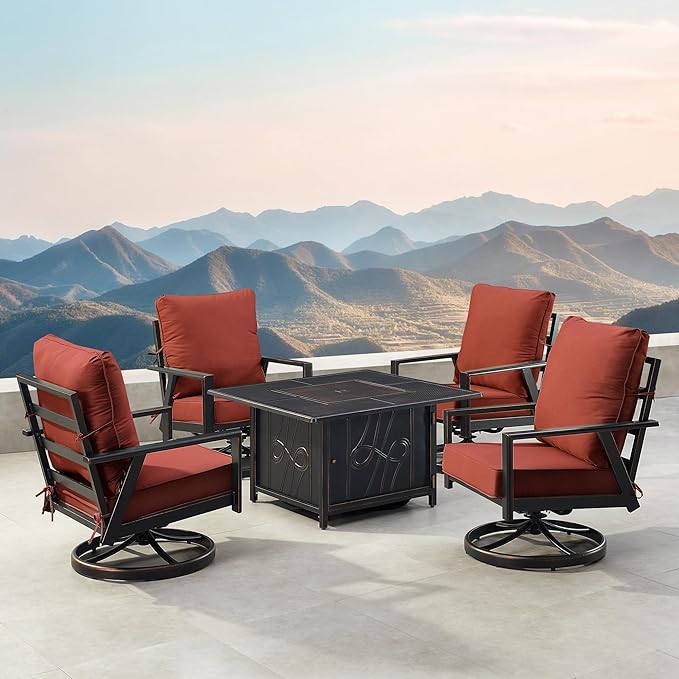 Oakland Living Black Aluminum Patio Fire Table Set with Four Club Chairs with Red Cushions