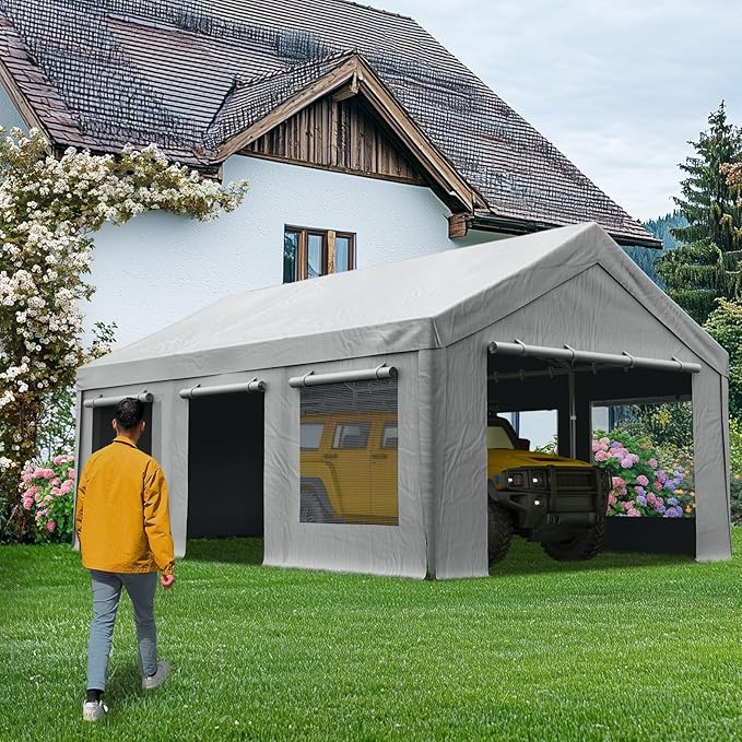Quictent Heavy Duty 12x20 ft Carports with Side Zipper Doors & Snowproof Steel Cables & Ventilated Windows, Waterproof Storage Shelter for Car, Boat, RV, Outdoor Equipment, Gray