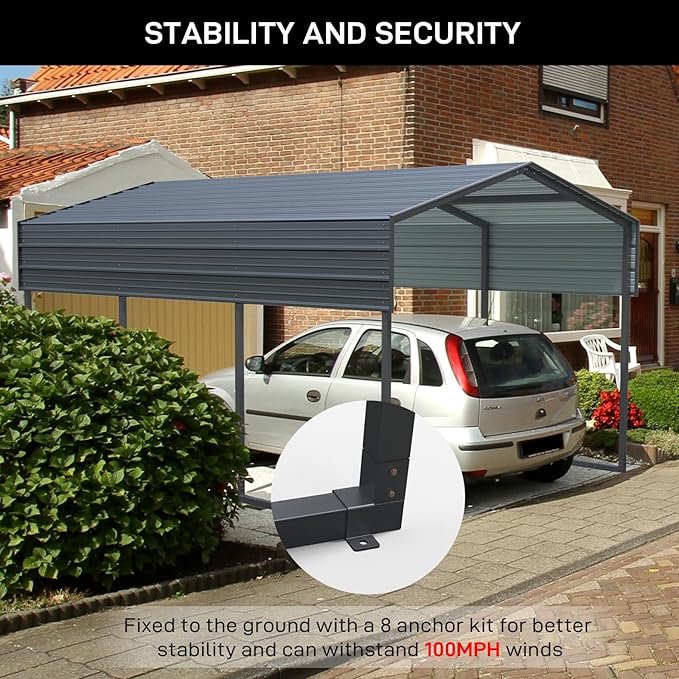 Outvita Heavy Duty Metal Carport, 10x15FT, Gray, Vehicle Protection, Outdoor Gatherings