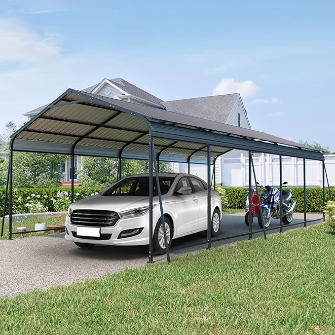 13×26.5 FT Metal Carport, Heavy Duty Carport Canopy with Galvanized Steel Roof and Frame, and 6 Fixed Inclined Square Tube Supports for Driveway Car, Truck