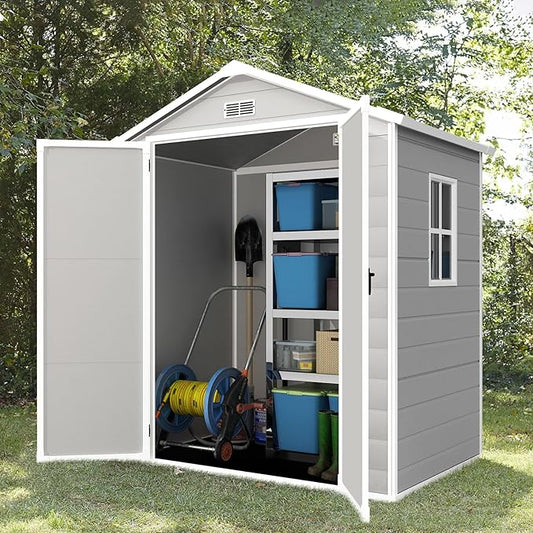 Outdoor Storage Shed 6x4.4FT, Resin Shed Plastic with Floor for Garden Tool,Waterproof Outdoor Resin Storage,Lockable Doors for Patio,Yard,Lawn (LightGray 6x4)