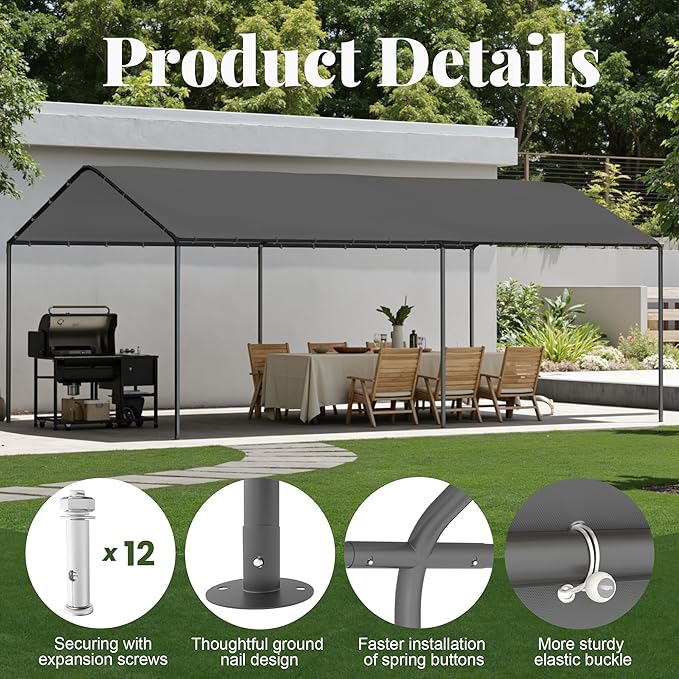GOJOOASIS 10x20 Carport Heavy Duty Portable Garage Shelter Metal Car Canopy Tent with UV-Resistant & Weatherproof Top Cover for RV & Vehicles (Gray, 10x20 Without sidewalls)