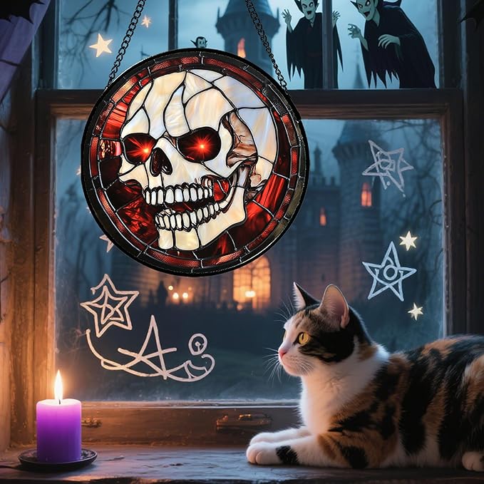 Stained Glass Window Hanging - Halloween Decorations White Skeleton Suncatcher for Doors Garden Indoor Spooky Funny Red Sun Catchers Gothic Decor Horror Gifts for Women Men Friend 9.8 in