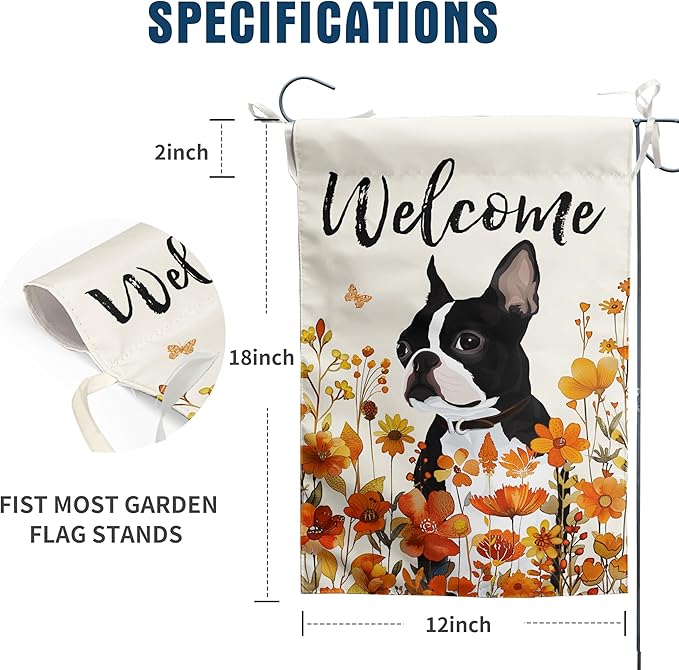 Floral Boston Terrier Garden Flag Fall Yard Flag Wildflower Dog Garden Flags Orange Autumn Lawn Flags Welcome Thanksgiving Outdoor Flags for Outside 12x18 Double Sided Small