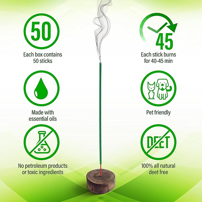 Mosquito Repellent Incense Sticks 50 Pieces per Box, for Patio/Natural Ingredients Citronella Oil/Lemongrass Oil/Made Natural Based Essential - DEET Free - Mosquito Repellent Outdoor