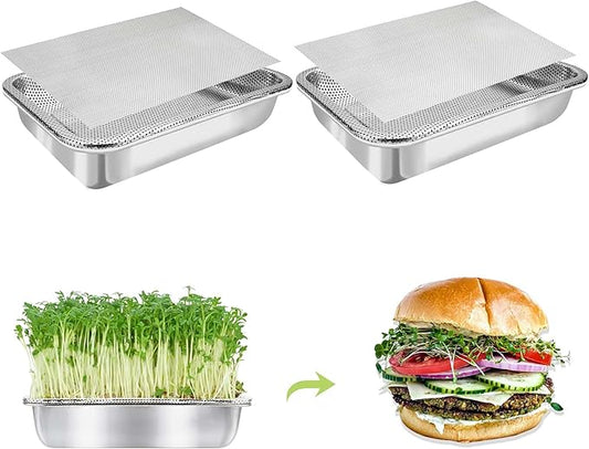 Stainless Steel Sprouts Growing Kit 2-Tier 14 inch Trays, Microgreens Growing Kit, Seed Sprouting Tray with Encrypted Mesh Sprouts for Beans Alfalfa Broccoli Wheat Grass