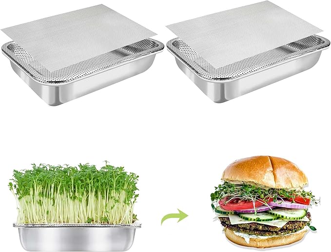 Stainless Steel Sprouts Growing Kit 2-Tier 12.4 inch Trays, Microgreens Growing Kit, Seed Sprouting Tray with Encrypted Mesh Sprouts for Beans Alfalfa Broccoli Wheat Grass