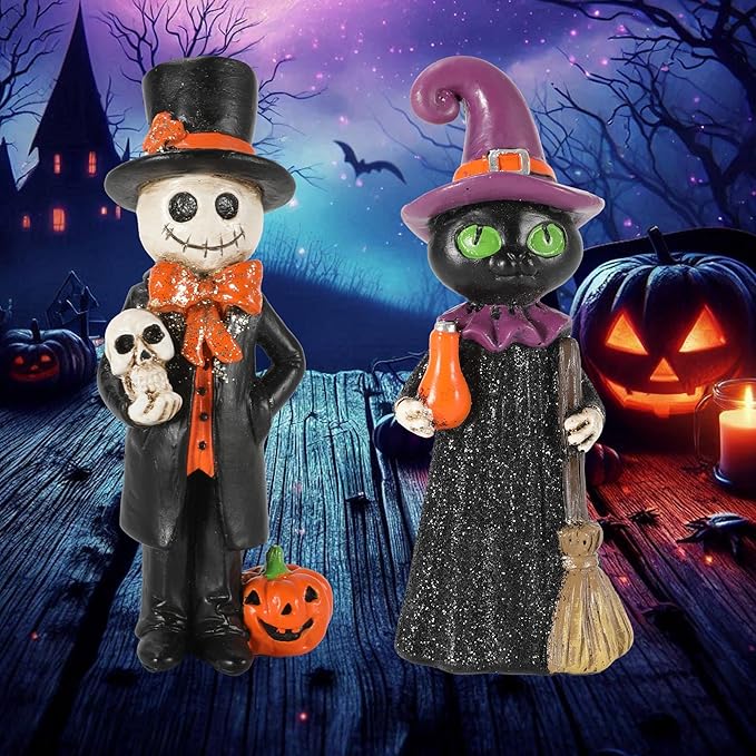 Cute Halloween Decor - 2-Pack 4.5'' Resin Skeleton Gentleman and Witch Broom Figurines - Indoor Halloween Decorations for Home Mantle Fireplace Party Gifts (Ghost & Witch)