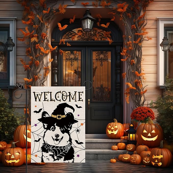Halloween Garden Flag Corgi Cobweb Bats Double Sided Vertical Welcome Flag Holiday Outdoor Yard Lawn Decorations 12.5 x 18 Inch