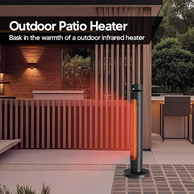 Portable Heater Outdoor Infrared 1500W 8 Heat Levels 8H Timers Carbon Fiber Tube Tip-Over&Overheat Protection IP65 Waterproof Electric Garden Heater, Deep Black