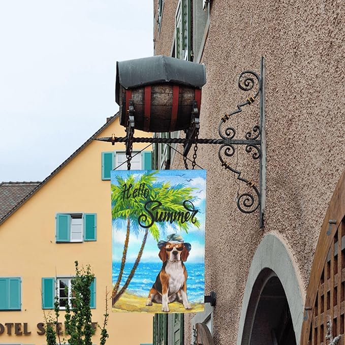 Beagle Dog Summer Summer Beach Palm Trees Tropical Garden Flag Welcome Party Outdoor Outside Decorations Picks Home House Garden Yard Decor 12x18 Inch