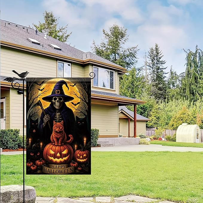Halloween Garden Flag Witch Skeleton Cat Pumpkin Flag 12x18 Inch Double Sided Outdoor Yard Banner for Trick or Treat Haunted House Halloween Decoration Decor