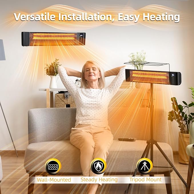 Outdoor Electric Heater For Patio Use RealSmart 1500W Portable Outdoor/Indoor Heaters 3 Heat Modes Wall Mounted Ceiling Tripod Heater Waterproof IP65 TUV Certification for Restaurant Garage Greenhouse