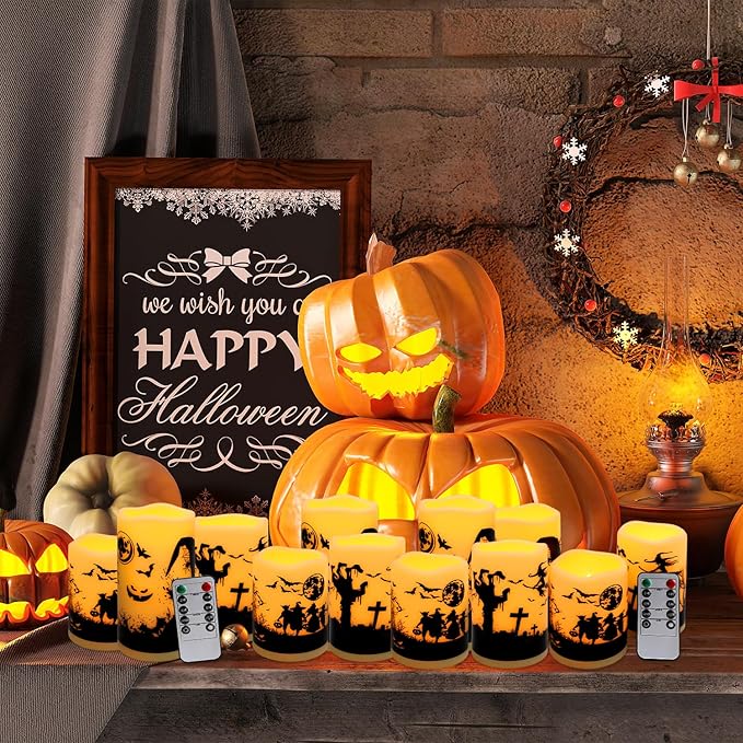 12-Pack Halloween-Flameless Led Pillar Candles，Remote Control and Timer Functions,
